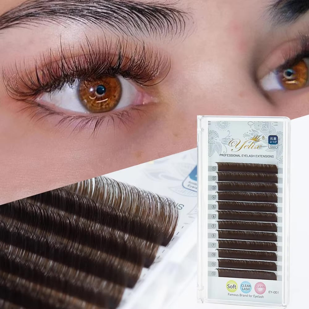 Extension de cils Yelix dark brown/ marron foncé/ easy fanning tailles mixtes de 8-15 mm courbe D